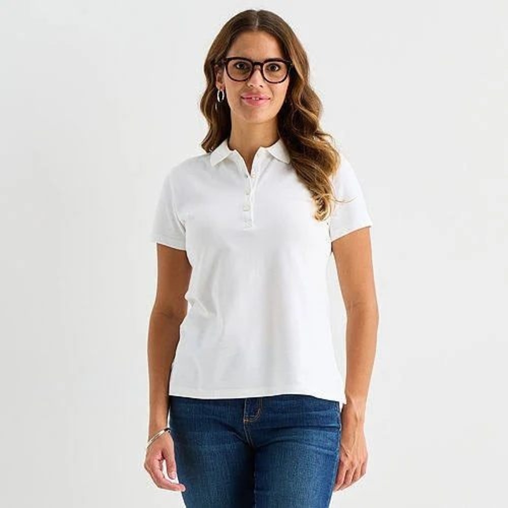 Casual Preppy Classic Short Sleeve St Johns Bay White Cotton Polo Shirt L Petite